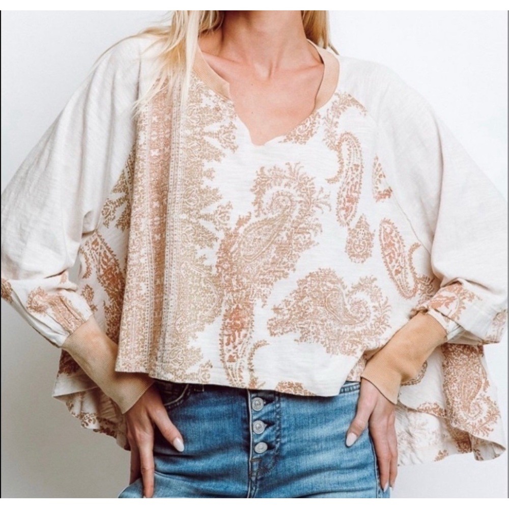 Free People Women's True Perfection Tee Top Paisley Design Almond Milk Medium M